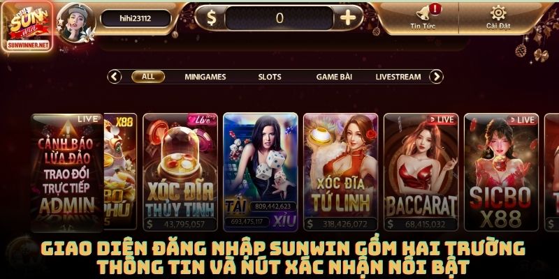 Giao diện đăng nhập SUNWIN gồm hai trường thông tin và nút xác nhận nổi bật